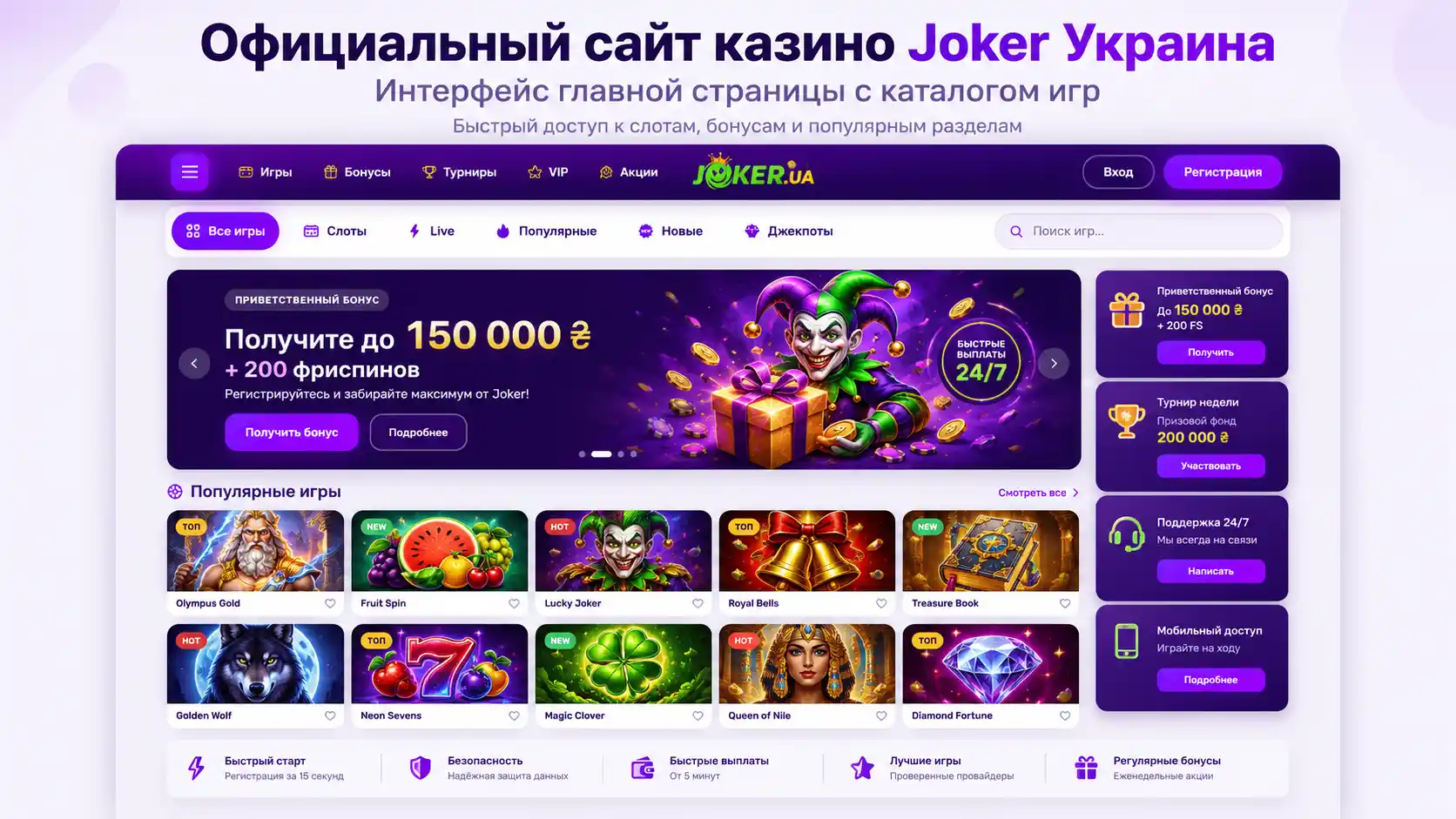 Официальный сайт казино Joker Украина &mdash; интерфейс главной страницы с каталогом игр